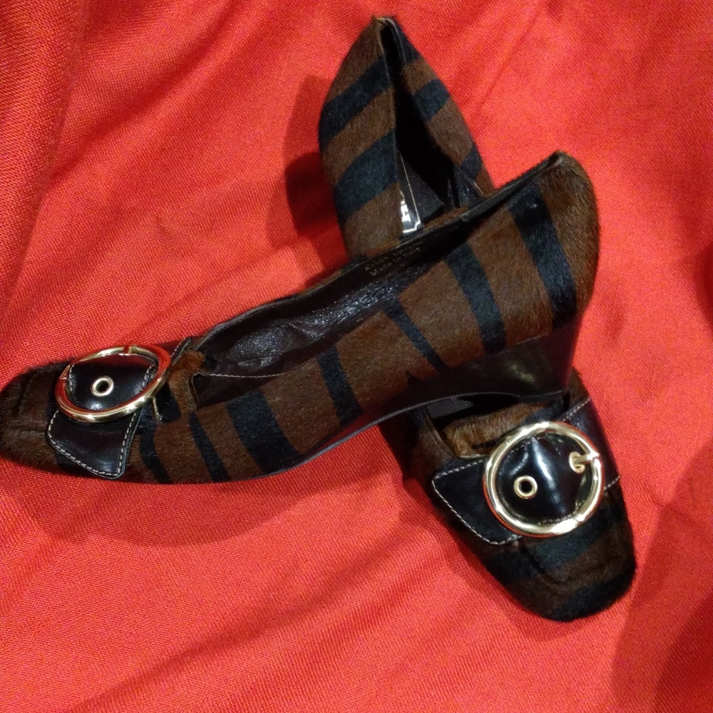 Coach Brown and Black Striped Flats with Gold Buckle